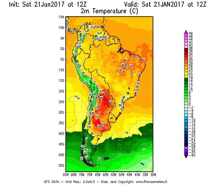 Mappa di analisi GFS - Temperatura a 2 metri dal suolo [°C] in Sud-America
							del 21/01/2017 12 <!--googleoff: index-->UTC<!--googleon: index-->