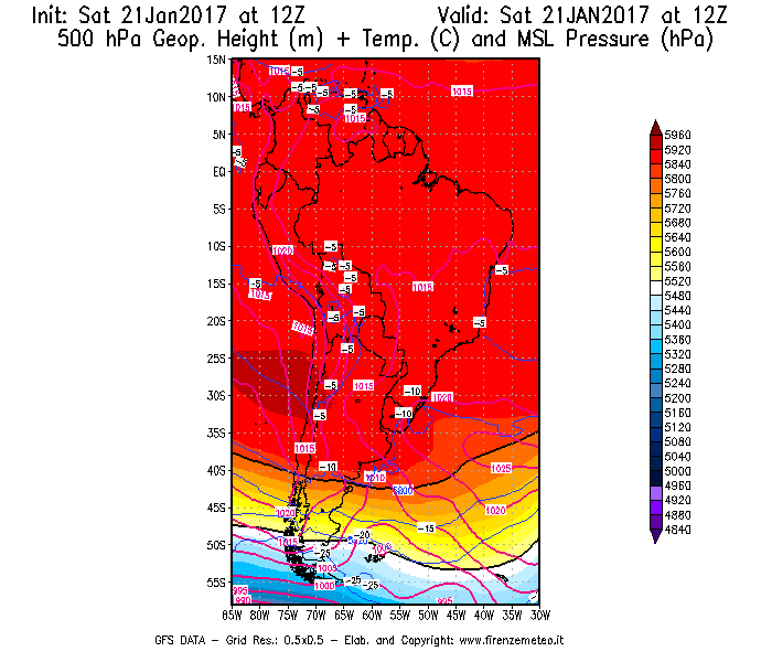 Mappa di analisi GFS - Geopotenziale [m] + Temp. [°C] a 500 hPa + Press. a livello del mare [hPa] in Sud-America
							del 21/01/2017 12 <!--googleoff: index-->UTC<!--googleon: index-->