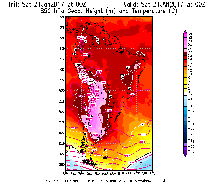 Mappa di analisi GFS - Geopotenziale [m] e Temperatura [°C] a 850 hPa in Sud-America
							del 21/01/2017 00 <!--googleoff: index-->UTC<!--googleon: index-->
