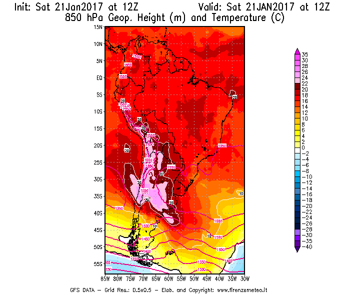 Mappa di analisi GFS - Geopotenziale [m] e Temperatura [°C] a 850 hPa in Sud-America
							del 21/01/2017 12 <!--googleoff: index-->UTC<!--googleon: index-->