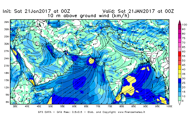 Mappa di analisi GFS - Velocità del vento a 10 metri dal suolo [km/h] in Asia Sud-Occidentale
							del 21/01/2017 00 <!--googleoff: index-->UTC<!--googleon: index-->