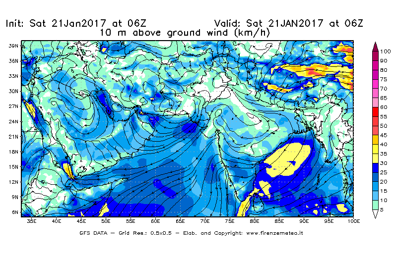 Mappa di analisi GFS - Velocità del vento a 10 metri dal suolo [km/h] in Asia Sud-Occidentale
							del 21/01/2017 06 <!--googleoff: index-->UTC<!--googleon: index-->