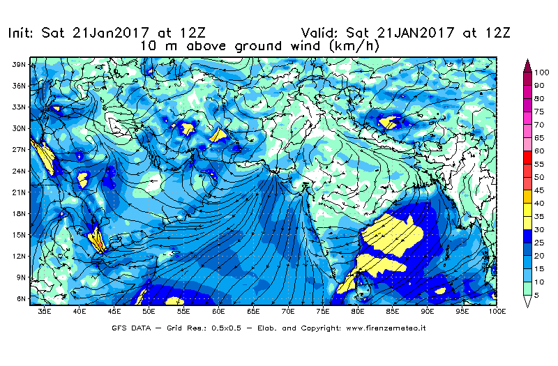 Mappa di analisi GFS - Velocità del vento a 10 metri dal suolo [km/h] in Asia Sud-Occidentale
							del 21/01/2017 12 <!--googleoff: index-->UTC<!--googleon: index-->