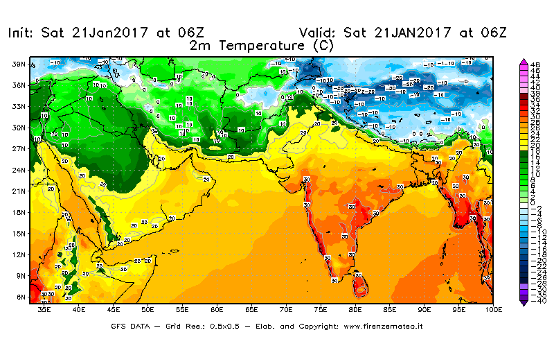 Mappa di analisi GFS - Temperatura a 2 metri dal suolo [°C] in Asia Sud-Occidentale
							del 21/01/2017 06 <!--googleoff: index-->UTC<!--googleon: index-->