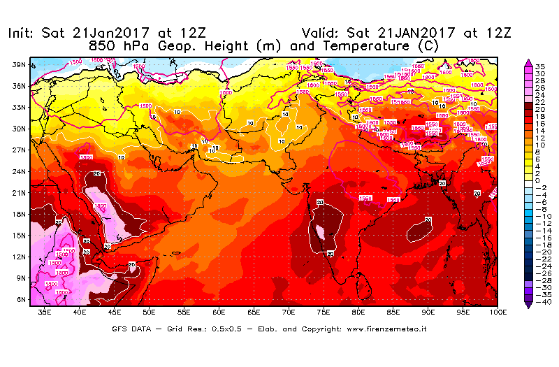 Mappa di analisi GFS - Geopotenziale [m] e Temperatura [°C] a 850 hPa in Asia Sud-Occidentale
							del 21/01/2017 12 <!--googleoff: index-->UTC<!--googleon: index-->