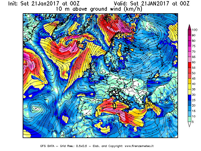 Mappa di analisi GFS - Velocità del vento a 10 metri dal suolo [km/h] in Europa
							del 21/01/2017 00 <!--googleoff: index-->UTC<!--googleon: index-->