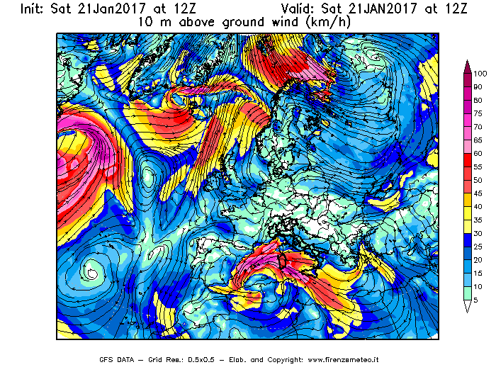 Mappa di analisi GFS - Velocità del vento a 10 metri dal suolo [km/h] in Europa
							del 21/01/2017 12 <!--googleoff: index-->UTC<!--googleon: index-->