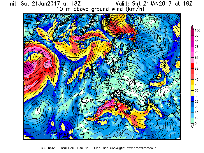Mappa di analisi GFS - Velocità del vento a 10 metri dal suolo [km/h] in Europa
							del 21/01/2017 18 <!--googleoff: index-->UTC<!--googleon: index-->
