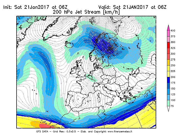Mappa di analisi GFS - Jet Stream a 200 hPa in Europa
							del 21/01/2017 06 <!--googleoff: index-->UTC<!--googleon: index-->