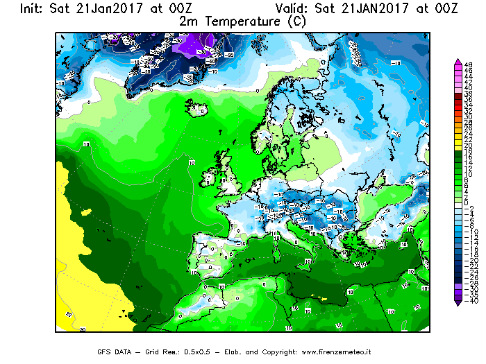 Mappa di analisi GFS - Temperatura a 2 metri dal suolo [°C] in Europa
							del 21/01/2017 00 <!--googleoff: index-->UTC<!--googleon: index-->