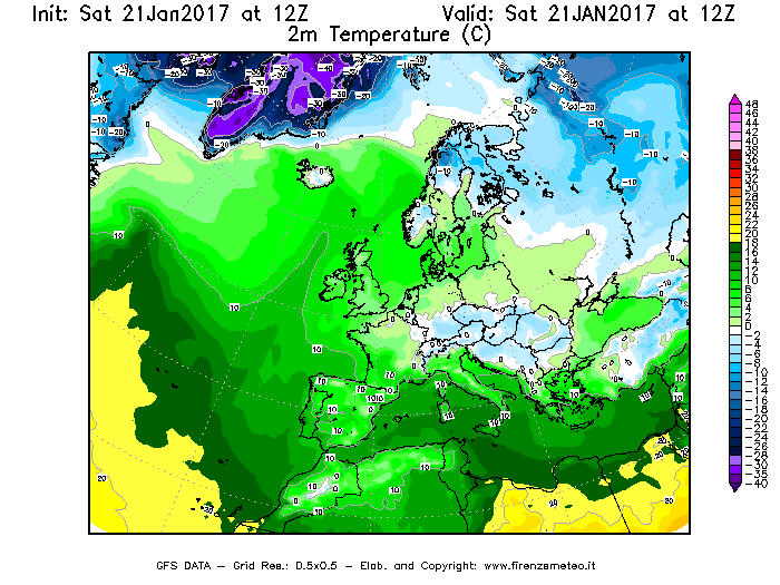 Mappa di analisi GFS - Temperatura a 2 metri dal suolo [°C] in Europa
							del 21/01/2017 12 <!--googleoff: index-->UTC<!--googleon: index-->