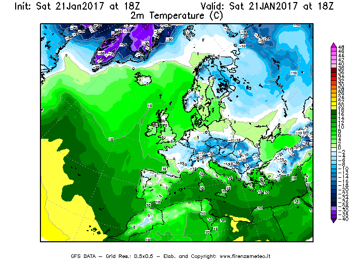 Mappa di analisi GFS - Temperatura a 2 metri dal suolo [°C] in Europa
							del 21/01/2017 18 <!--googleoff: index-->UTC<!--googleon: index-->