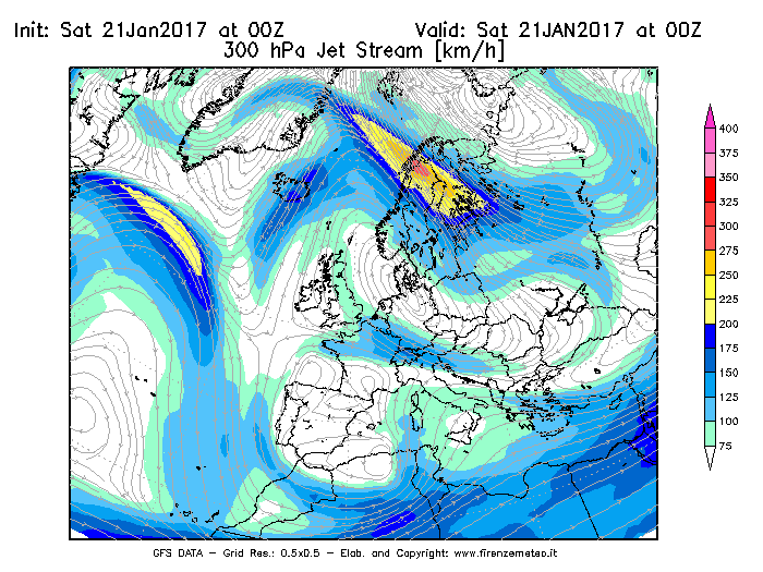 Mappa di analisi GFS - Jet Stream a 300 hPa in Europa
							del 21/01/2017 00 <!--googleoff: index-->UTC<!--googleon: index-->