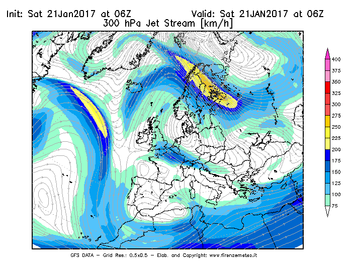 Mappa di analisi GFS - Jet Stream a 300 hPa in Europa
							del 21/01/2017 06 <!--googleoff: index-->UTC<!--googleon: index-->