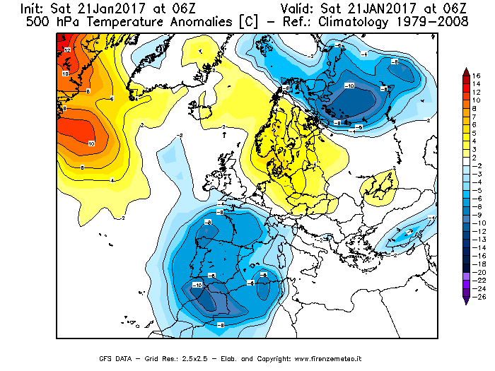 Mappa di analisi GFS - Anomalia Temperatura [°C] a 500 hPa in Europa
							del 21/01/2017 06 <!--googleoff: index-->UTC<!--googleon: index-->