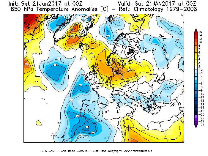 Mappa di analisi GFS - Anomalia Temperatura [°C] a 850 hPa in Europa
							del 21/01/2017 00 <!--googleoff: index-->UTC<!--googleon: index-->