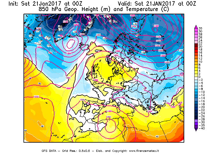 Mappa di analisi GFS - Geopotenziale [m] e Temperatura [°C] a 850 hPa in Europa
							del 21/01/2017 00 <!--googleoff: index-->UTC<!--googleon: index-->