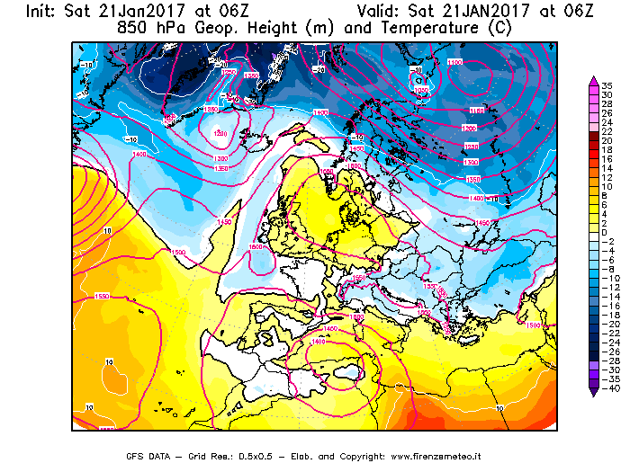 Mappa di analisi GFS - Geopotenziale [m] e Temperatura [°C] a 850 hPa in Europa
							del 21/01/2017 06 <!--googleoff: index-->UTC<!--googleon: index-->