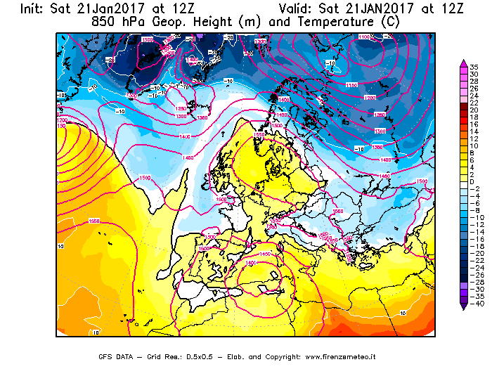 Mappa di analisi GFS - Geopotenziale [m] e Temperatura [°C] a 850 hPa in Europa
							del 21/01/2017 12 <!--googleoff: index-->UTC<!--googleon: index-->