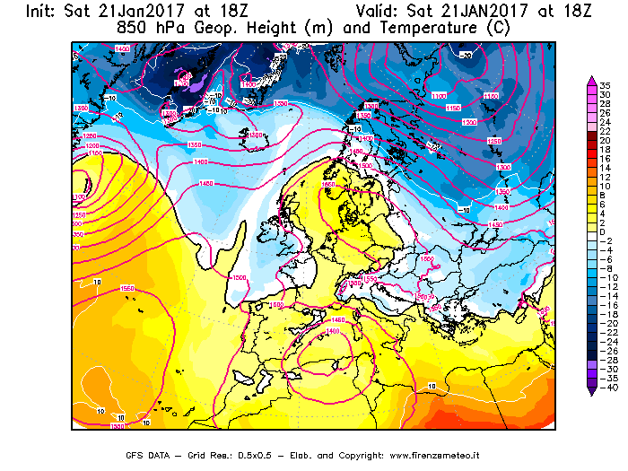 Mappa di analisi GFS - Geopotenziale [m] e Temperatura [°C] a 850 hPa in Europa
							del 21/01/2017 18 <!--googleoff: index-->UTC<!--googleon: index-->