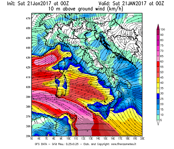 Mappa di analisi GFS - Velocità del vento a 10 metri dal suolo [km/h] in Italia
							del 21/01/2017 00 <!--googleoff: index-->UTC<!--googleon: index-->