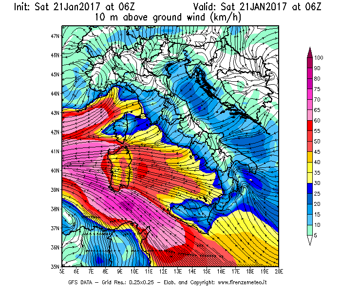 Mappa di analisi GFS - Velocità del vento a 10 metri dal suolo [km/h] in Italia
							del 21/01/2017 06 <!--googleoff: index-->UTC<!--googleon: index-->