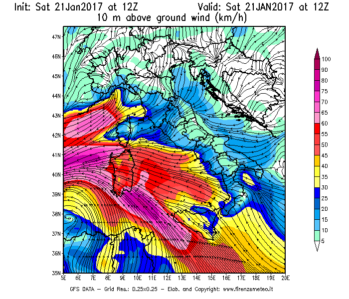 Mappa di analisi GFS - Velocità del vento a 10 metri dal suolo [km/h] in Italia
							del 21/01/2017 12 <!--googleoff: index-->UTC<!--googleon: index-->