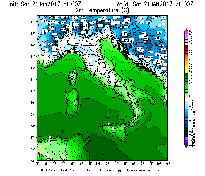Mappa di analisi GFS - Temperatura a 2 metri dal suolo [°C] in Italia
							del 21/01/2017 00 <!--googleoff: index-->UTC<!--googleon: index-->