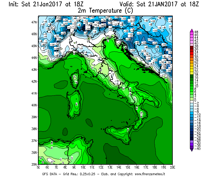 Mappa di analisi GFS - Temperatura a 2 metri dal suolo [°C] in Italia
							del 21/01/2017 18 <!--googleoff: index-->UTC<!--googleon: index-->