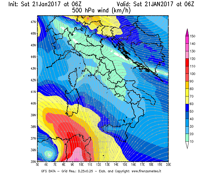 Mappa di analisi GFS - Velocità del vento a 500 hPa [km/h] in Italia
							del 21/01/2017 06 <!--googleoff: index-->UTC<!--googleon: index-->