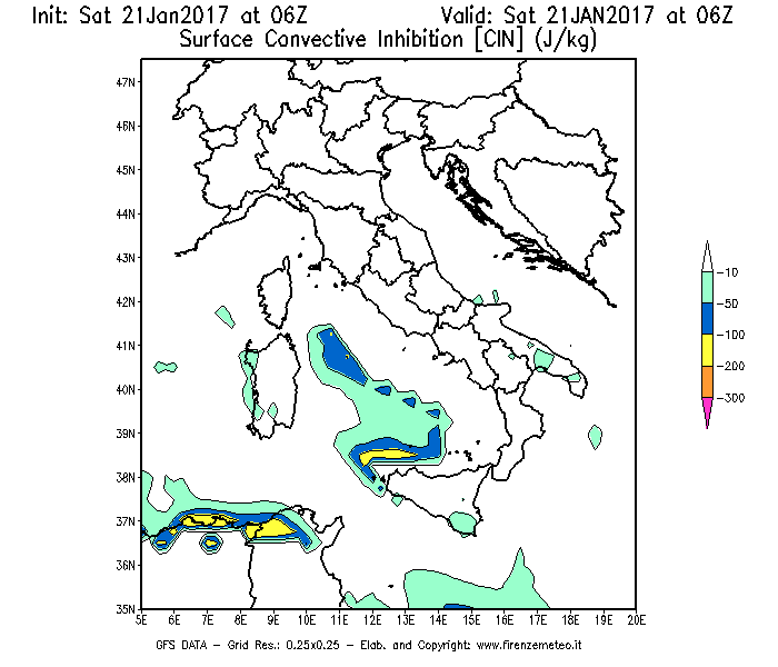 Mappa di analisi GFS - CIN [J/kg] in Italia
							del 21/01/2017 06 <!--googleoff: index-->UTC<!--googleon: index-->