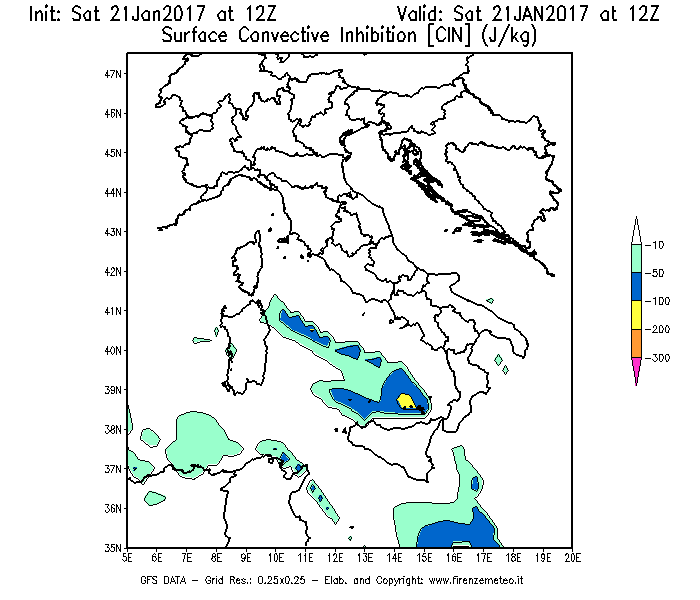 Mappa di analisi GFS - CIN [J/kg] in Italia
							del 21/01/2017 12 <!--googleoff: index-->UTC<!--googleon: index-->
