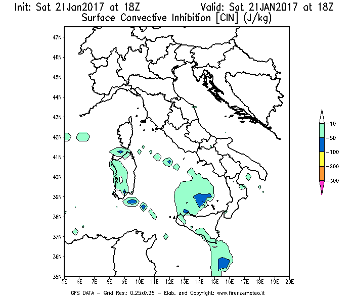 Mappa di analisi GFS - CIN [J/kg] in Italia
							del 21/01/2017 18 <!--googleoff: index-->UTC<!--googleon: index-->