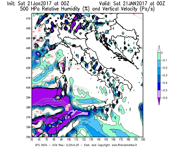 Mappa di analisi GFS - Umidità relativa [%] e Omega [Pa/s] a 500 hPa in Italia
							del 21/01/2017 00 <!--googleoff: index-->UTC<!--googleon: index-->