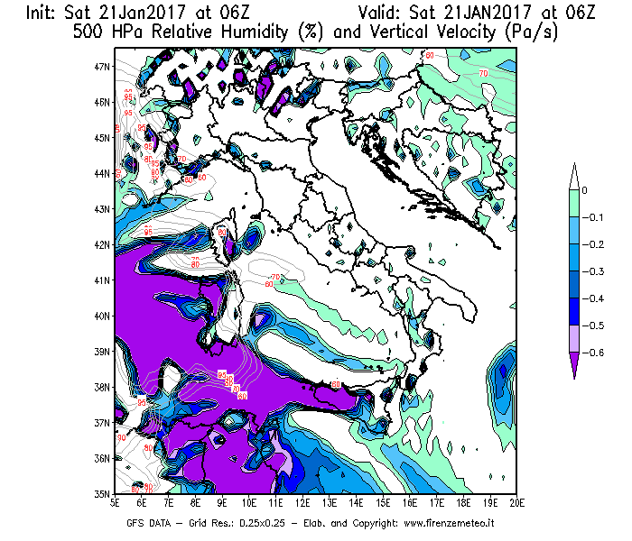 Mappa di analisi GFS - Umidità relativa [%] e Omega [Pa/s] a 500 hPa in Italia
							del 21/01/2017 06 <!--googleoff: index-->UTC<!--googleon: index-->