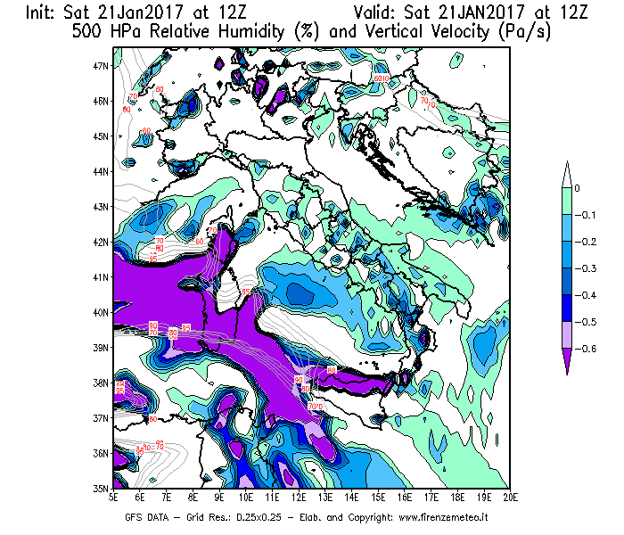 Mappa di analisi GFS - Umidità relativa [%] e Omega [Pa/s] a 500 hPa in Italia
							del 21/01/2017 12 <!--googleoff: index-->UTC<!--googleon: index-->