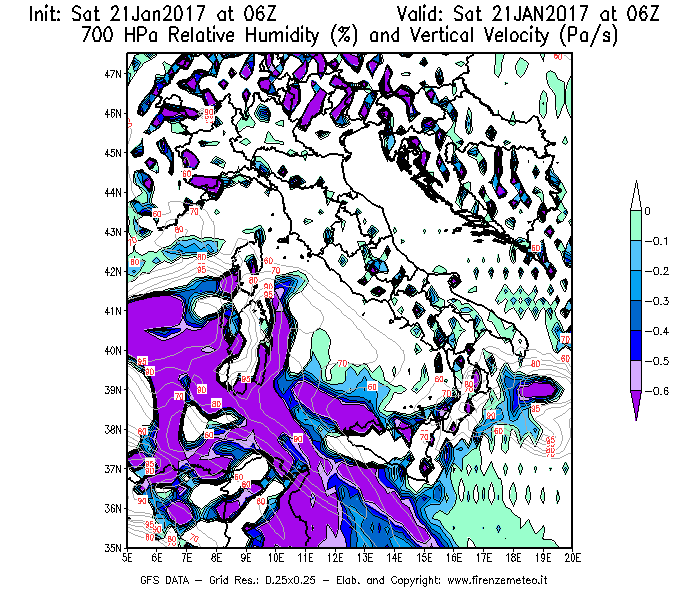 Mappa di analisi GFS - Umidità relativa [%] e Omega [Pa/s] a 700 hPa in Italia
							del 21/01/2017 06 <!--googleoff: index-->UTC<!--googleon: index-->