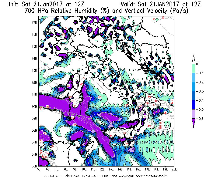 Mappa di analisi GFS - Umidità relativa [%] e Omega [Pa/s] a 700 hPa in Italia
							del 21/01/2017 12 <!--googleoff: index-->UTC<!--googleon: index-->