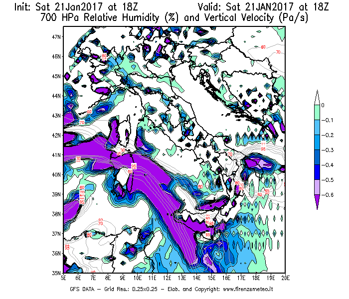 Mappa di analisi GFS - Umidità relativa [%] e Omega [Pa/s] a 700 hPa in Italia
							del 21/01/2017 18 <!--googleoff: index-->UTC<!--googleon: index-->