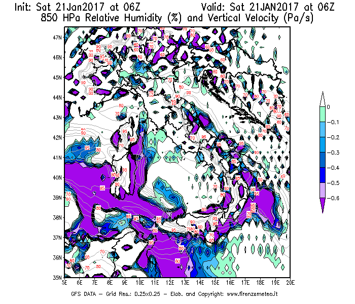 Mappa di analisi GFS - Umidità relativa [%] e Omega [Pa/s] a 850 hPa in Italia
							del 21/01/2017 06 <!--googleoff: index-->UTC<!--googleon: index-->
