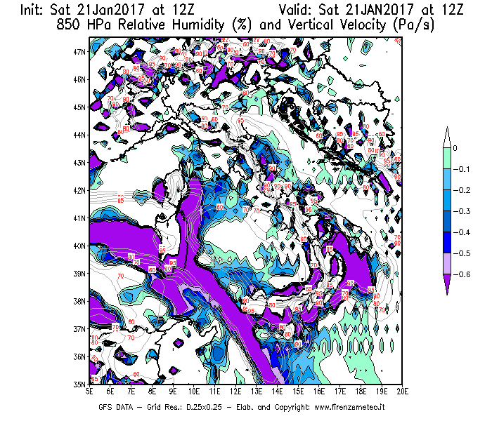 Mappa di analisi GFS - Umidità relativa [%] e Omega [Pa/s] a 850 hPa in Italia
							del 21/01/2017 12 <!--googleoff: index-->UTC<!--googleon: index-->