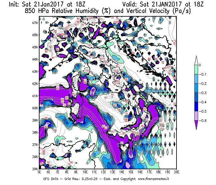 Mappa di analisi GFS - Umidità relativa [%] e Omega [Pa/s] a 850 hPa in Italia
							del 21/01/2017 18 <!--googleoff: index-->UTC<!--googleon: index-->