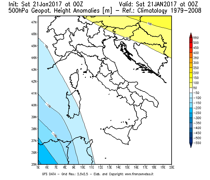 Mappa di analisi GFS - Anomalia di Geopotenziale a 500 hPa in Italia
							del 21/01/2017 00 <!--googleoff: index-->UTC<!--googleon: index-->