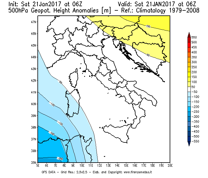 Mappa di analisi GFS - Anomalia di Geopotenziale a 500 hPa in Italia
							del 21/01/2017 06 <!--googleoff: index-->UTC<!--googleon: index-->