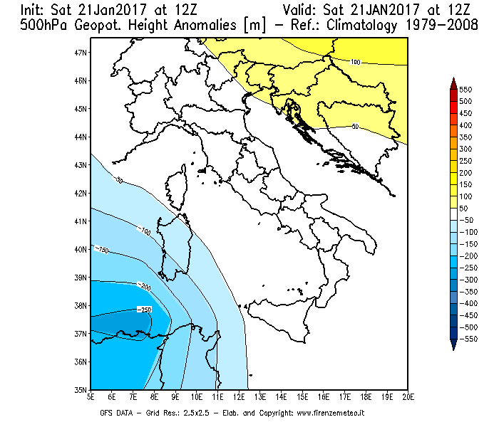 Mappa di analisi GFS - Anomalia di Geopotenziale a 500 hPa in Italia
							del 21/01/2017 12 <!--googleoff: index-->UTC<!--googleon: index-->