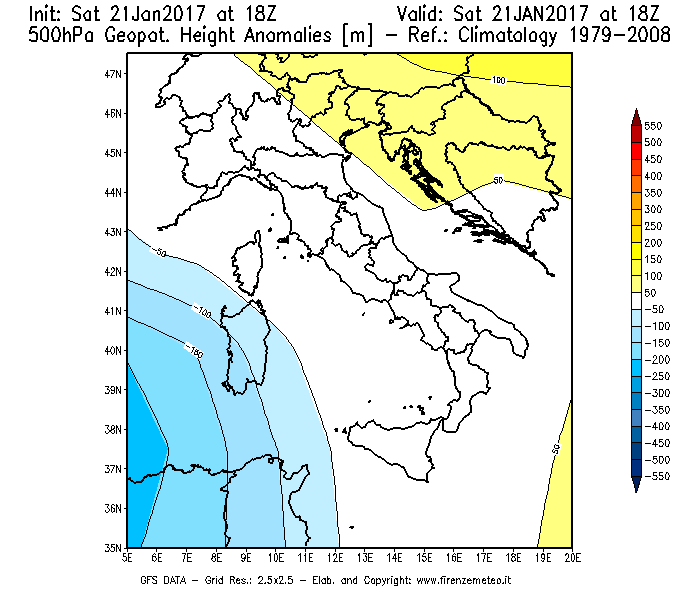 Mappa di analisi GFS - Anomalia di Geopotenziale a 500 hPa in Italia
							del 21/01/2017 18 <!--googleoff: index-->UTC<!--googleon: index-->