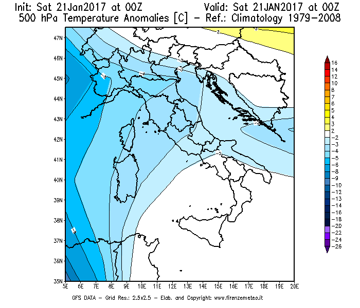 Mappa di analisi GFS - Anomalia Temperatura [°C] a 500 hPa in Italia
							del 21/01/2017 00 <!--googleoff: index-->UTC<!--googleon: index-->