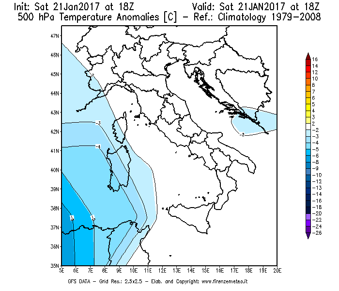 Mappa di analisi GFS - Anomalia Temperatura [°C] a 500 hPa in Italia
							del 21/01/2017 18 <!--googleoff: index-->UTC<!--googleon: index-->