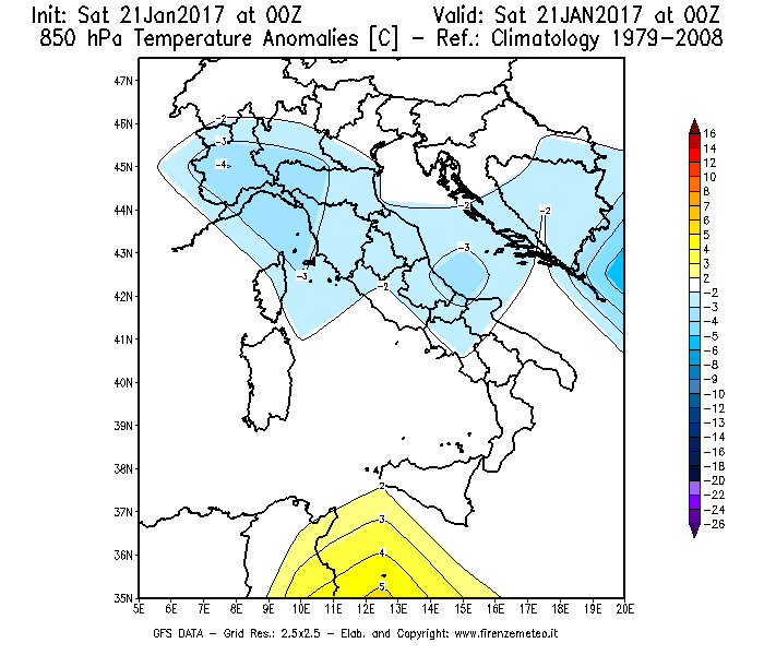 Mappa di analisi GFS - Anomalia Temperatura [°C] a 850 hPa in Italia
							del 21/01/2017 00 <!--googleoff: index-->UTC<!--googleon: index-->