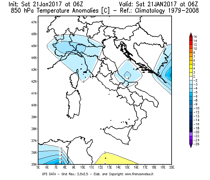 Mappa di analisi GFS - Anomalia Temperatura [°C] a 850 hPa in Italia
							del 21/01/2017 06 <!--googleoff: index-->UTC<!--googleon: index-->